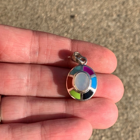 Multi Color Stone Inlay Oval Pendant - Picture 3 of 4